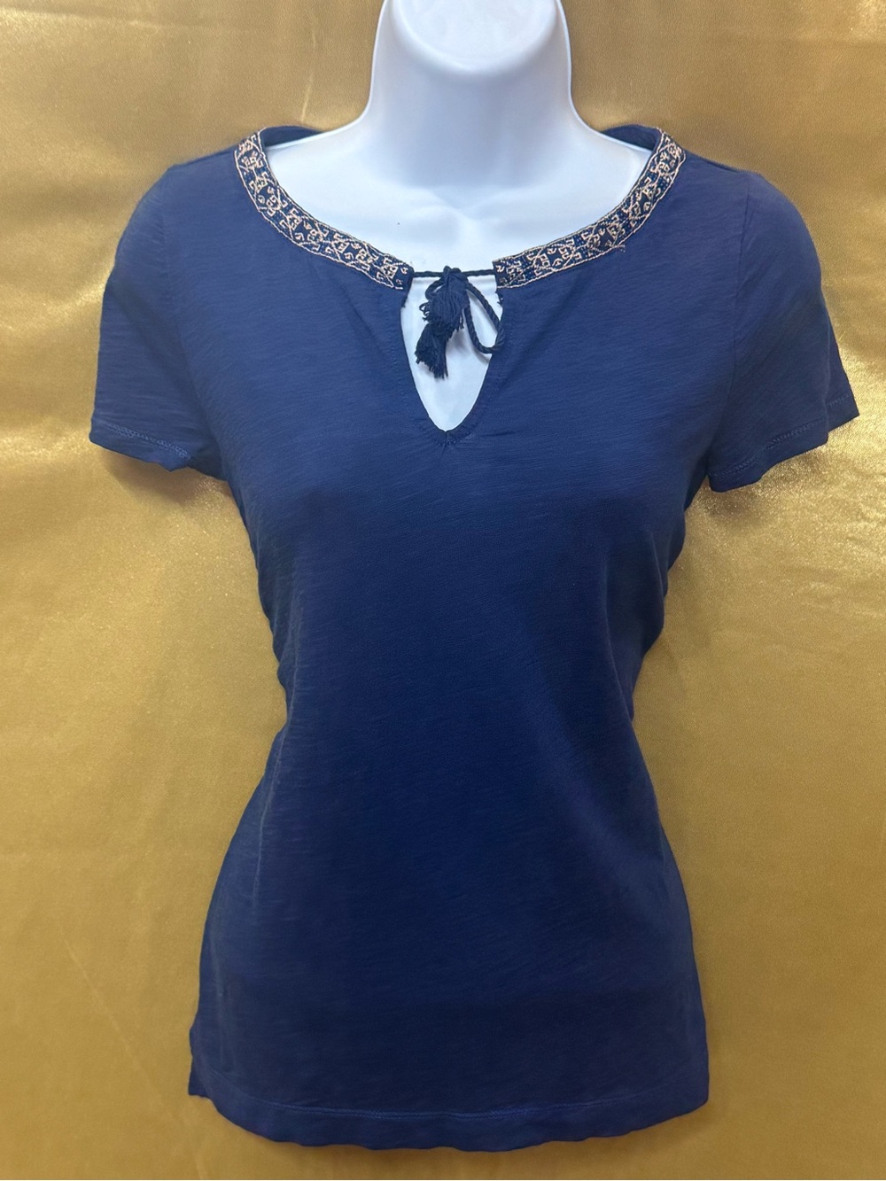 LRL Lauren Jeans Co. Ralph Lauren Blue Cotton Tassel Keyhole Top Size‎ XS